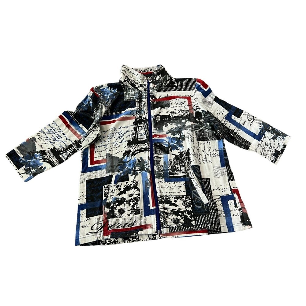 Onque Casuals Womens Jacket Multicolor XL Paris Graphic Print Full Zip Mock Neck